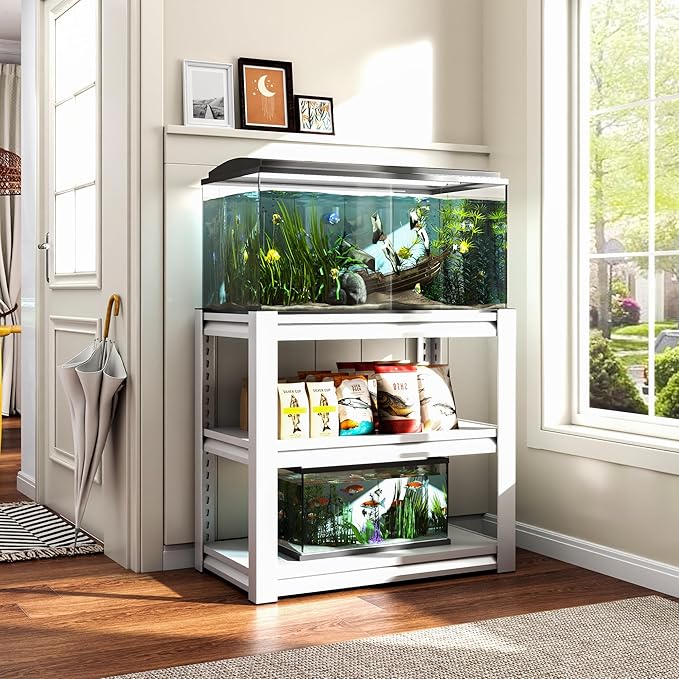 Fish Tank Stand White,3-tier Rack Shelf heavy duty Metal Frame Aquarium Stand 20 Gallon,Reptile Terrarium Stand for 30 Gallon Long Aquarium,Reptile Tank Stand,Breeder Tank Stand,31.5"*18"*34"