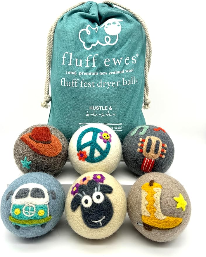 Fluff Ewes Wool Dryer Balls 6 Pack Premium New Zealand Wool Laundry Balls for Dryer, No Static Dryer Balls Laundry Reusable, XL Wool Dryer Balls Cute, Baby Dryer Balls for Dryers - Fluff Fest