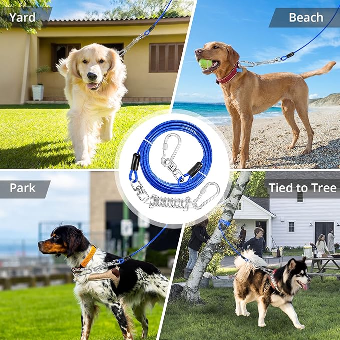 jenico Dog Tie Out Cable, 10/15/20/30/40/50/70/100/150FT Dog Runner Cable with Swivel Hook and Shock Spring, Dog Leash Run Tether for Yard Outdoor and Camping,for Small to Medium Pets Up to 500 LBS