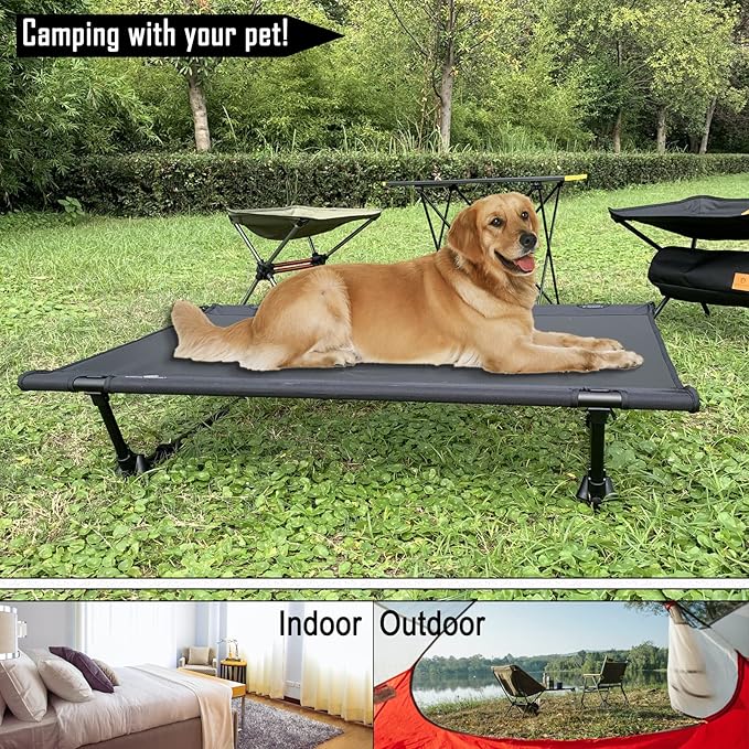 Folding Elevated Dog Bed – Portable Collapsible Raised Dog Cots Cooling Pet Bed with Aluminum Frame, Lever Locking System, Breathable Mesh for Camping, Beach, Lawn, Travel