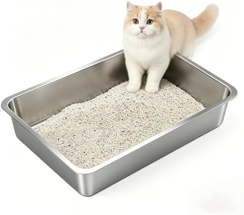 Low Side Stainless Steel Cat Litter Box, Non-Stick Metal Pet Pan by KISENG