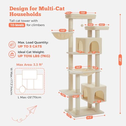 69" Tall Cat Tree for Indoor Cats Large Adult - Image 3
