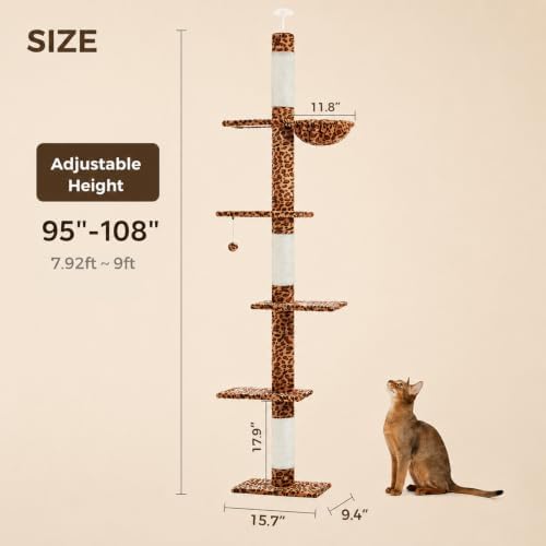 PAWZ Road Floor to Ceiling Cat Tree, Adjustable 95"-108" Leopard Cat Tower - Image 6