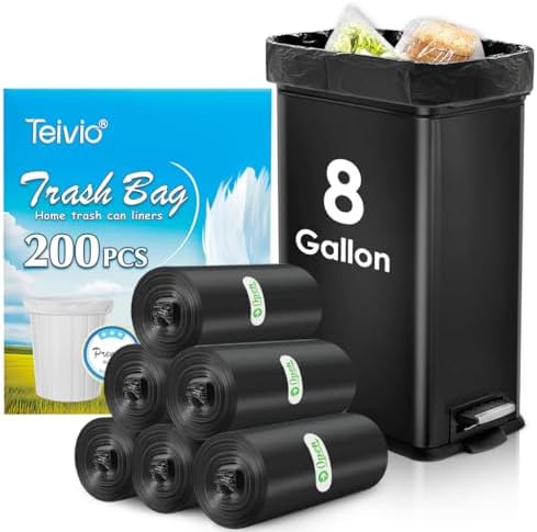 Teivio Medium Black Trash Bags 8 Gallon 200 Count Kitchen Garbage Bags by Teivio