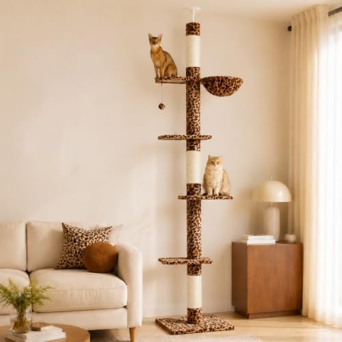 PAWZ Road Floor to Ceiling Cat Tree, Adjustable 95"-108" Leopard Cat Tower by PAWZRoad