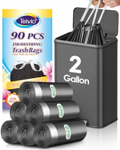 Teivio 2 Gallon 90pcs Strong Drawstring Trash Bags Garbage Bags, Bathroom Trash by Teivio