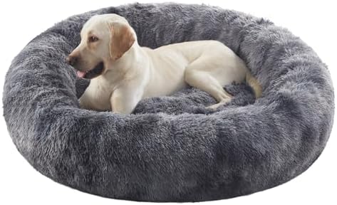 45 in Faux Fur Donut Dog Bed for Extra Large Dogs, Tie-dye Grey by BedStillLoveStill