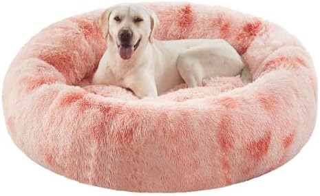 45 in Faux Fur Donut Dog Bed for Extra Large Dogs, Tie-dye Pink by BedStillLoveStill