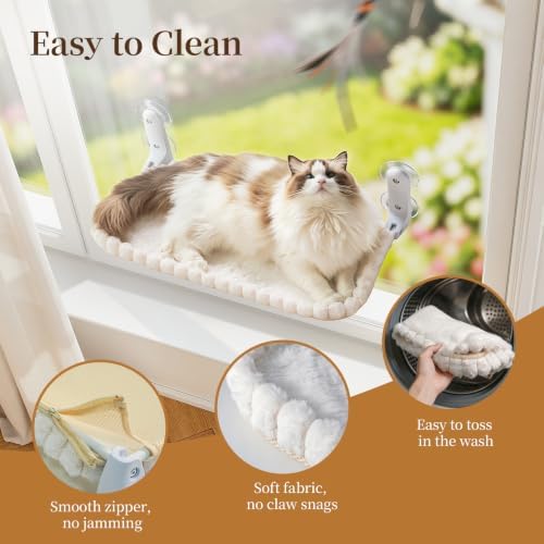 JUNSPOW Cat Window Perch, Foldable Cat Hammock, 4 Suction Cups White+Medium - Image 5