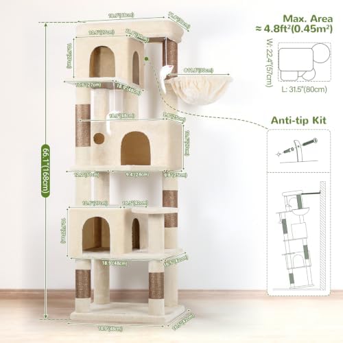 Globlazer F66 Corner Cat Tree, 66in Multi-Level Climbing Tower - Image 6