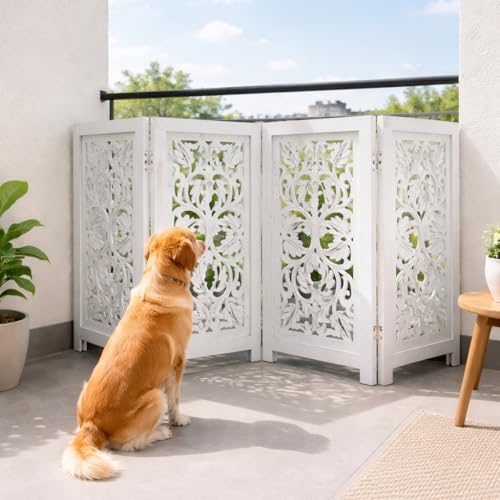 Free Standing Dog Gate – 4 Panel Foldable Wooden pet gate Indoor 56" W x 28" H - Image 3