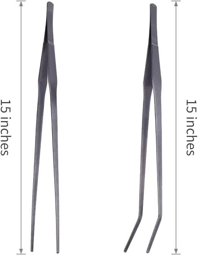 Extra Long Handle Aquarium Tweezers Serving Tongs Feed clamp,2 Pack Stainless Steel Straight and Curved Tweezers Set for Fish Tank Plants Reptile Feeding Tongs（15 Inchs）