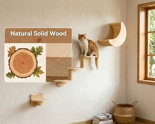 Cat Wall Shelves, Solid Wood Moon Bed, 3-Step Ladder & Perch - Image 6