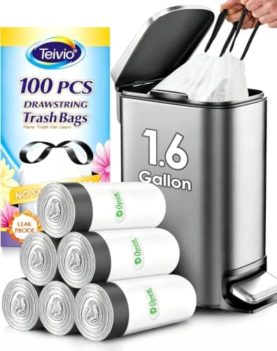 1.6 Gallon 100 Counts Small Drawstring Trash Bags by Teivio, 1.5 Gallon by Teivio