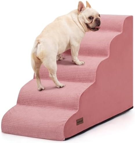 5-Step Pink Dog Stairs for High Bed, Pet Ramp for Small Dogs by AODISMAN