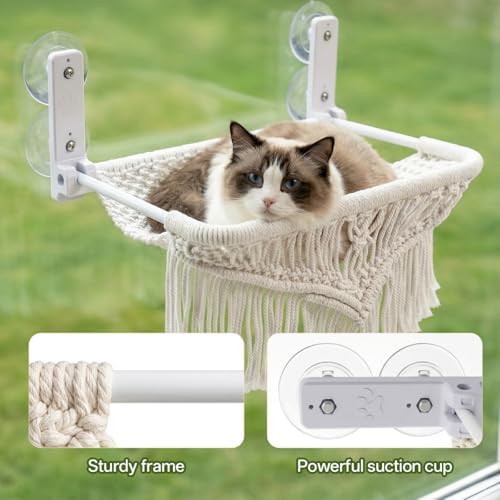Cat Hammock & Window Perch w/ 4 Suction Cups, Foldable Adjustable Boho Cotton - Image 3
