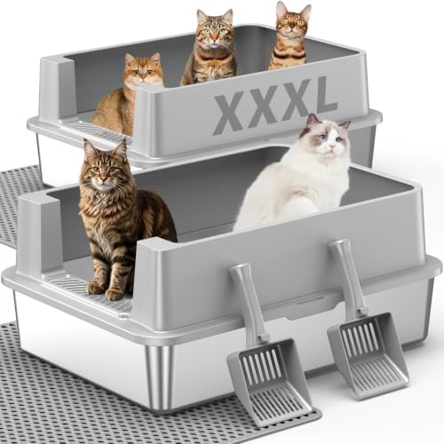 2 Pack Extra Large Open Stainless Steel Cat Litter Box, Light Gray by Avgooscalb