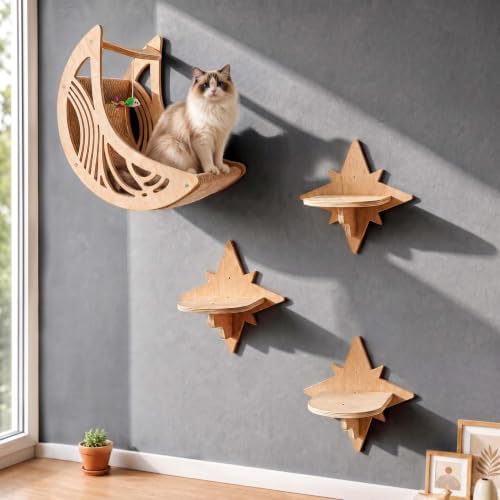 Moon & Star Cat Wall Shelves, Modern Cat Wall Furniture by Unknown