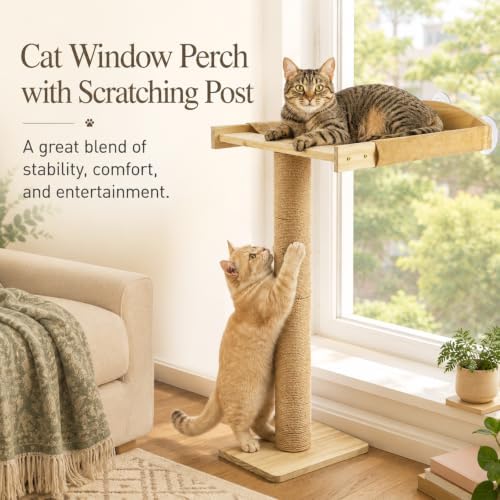 Cat Window Perch with Tall Scratching Post, Solid Wood Window Perch - Image 2
