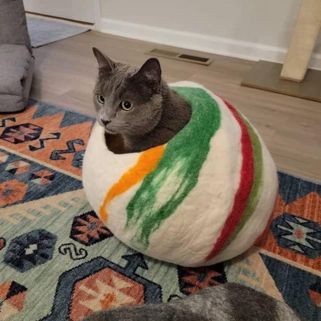 Woolygon Premium Felt Cat Cave Bed – Wool Kitty Beds Handcrafted Kitten Caves Bed for Indoor Cats - Made from 100% Eco-Friendly Merino Wool, Foldable Cat Hidewawy Covered Cat House Pod (Candy Swirl)