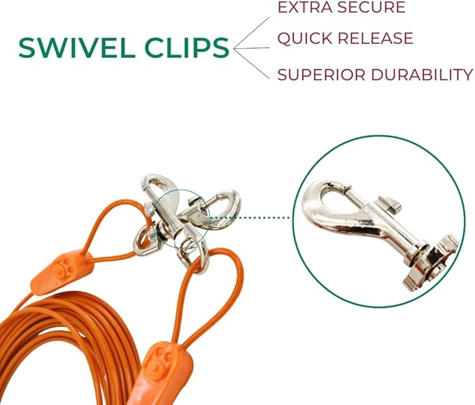 25FT Tie-Out Cables for Dogs - Strong, Safe, and Durable Dog Tie-Outs for Every Breed up to 125 Pounds - Weather and Wear Resistant Galvanized Aircraft Cable for Outside Use