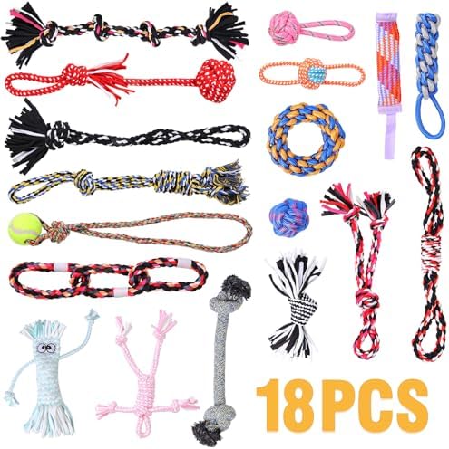 Dog Rope Toys for Small-Medium Dogs. 18 Pack for Teeth Cleaning, Training Balls by PPTAIO