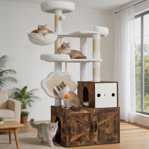 Heybly Cat Tree with Litter Box Enclosure, Modern 64" Hidden Tower HCT105SR by HEYBLY