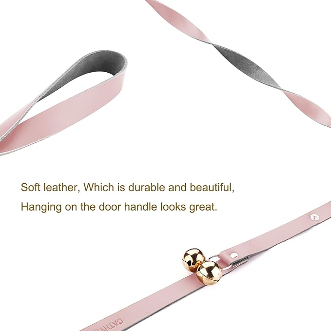 Leather Dog Doorbells for Door Knob/Potty Training/Go Outside, Length Adjustment Copper Dog Bell, Housetraining Hanging Bell, Pink Leather Golden Bells.