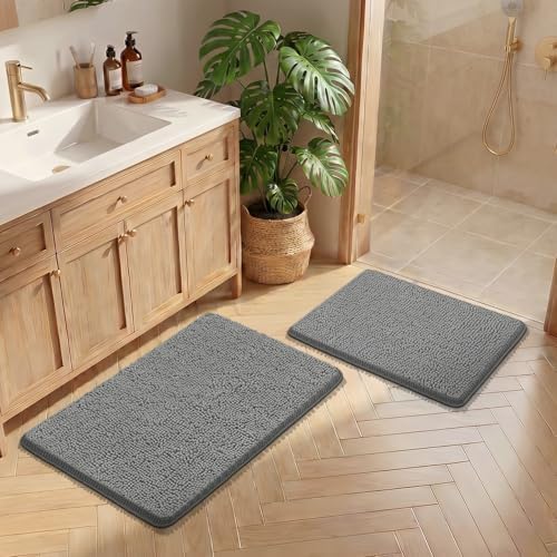 Bcoimo Bath Rug Mat Sets, 2 Piece Extra Soft Chenille Gray Bathroom Mat Set - Image 5