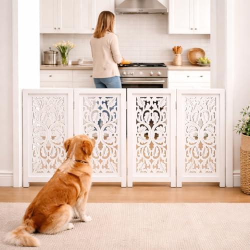 Free Standing Dog Gate – 4 Panel Foldable Wooden pet gate Indoor 56" W x 28" H - Image 5