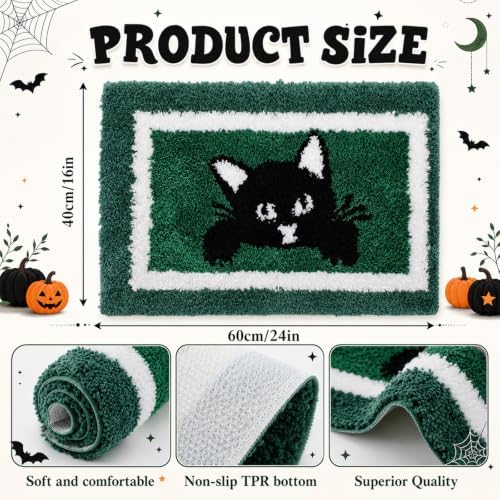 Boao Black Cat Bath Mat Tufted Non Slip Absorbent Dark Green Bathroom Rug - Image 2