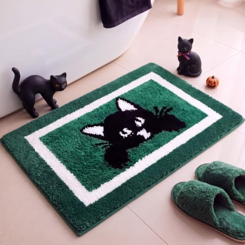 Boao Black Cat Bath Mat Tufted Non Slip Absorbent Dark Green Bathroom Rug by Boao