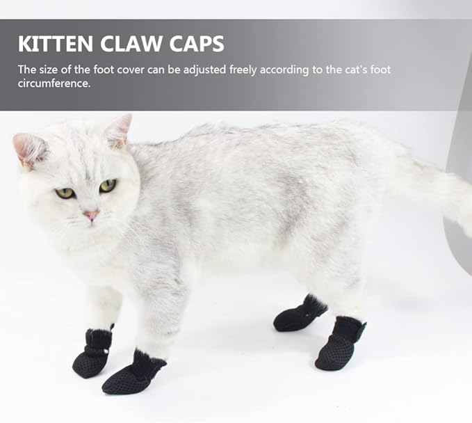 Cat Booties to Prevent Scratching: 4pcs AntiScratch Cat Claw Covers for Feeding Medicine, Pet Grooming, Bathing Shaving Checking, and Nail Trimming, Black Pet Shoes Socks Caps Mittens Paw Protector M