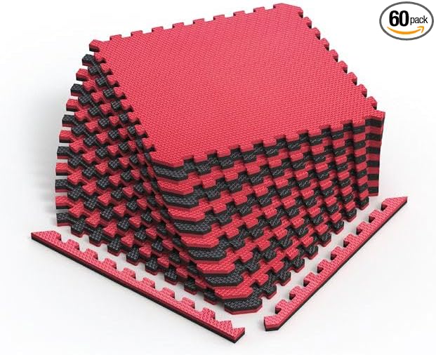 Norsk Reversible Gym Exercise Mats 3/4" Thick EVA Interlocking Foam Tiles, Perfect Home Gym Flooring, 20 Tiles & 40 Trim Pieces, 80 Sq. Ft. Reversible, Red/Black