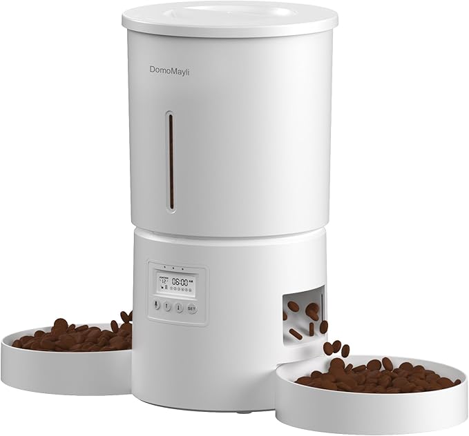 Automatic Dual Cats Feeder for 2 Cats,6 Meals/Day,12 Portions/Meal,Dual Power Auto Pet Feeder Dry Food Dispenser,Flexible Schedule Timer 10S Voice Record (White, ABS Dual Bowls)