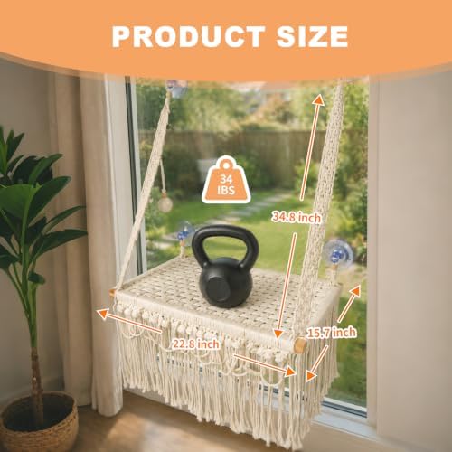 Cat Window Perch with Foldable Hook, Handwoven Catio, Macrame Cat Window Perch - Image 6