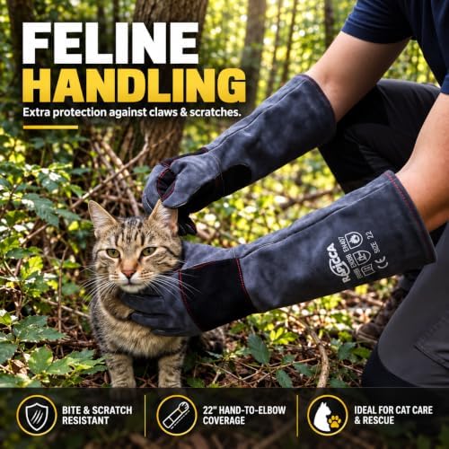 RAPICCA Animal Handling Gloves, Bite Proof Double Leather, 22 in Grey-Black - Image 3