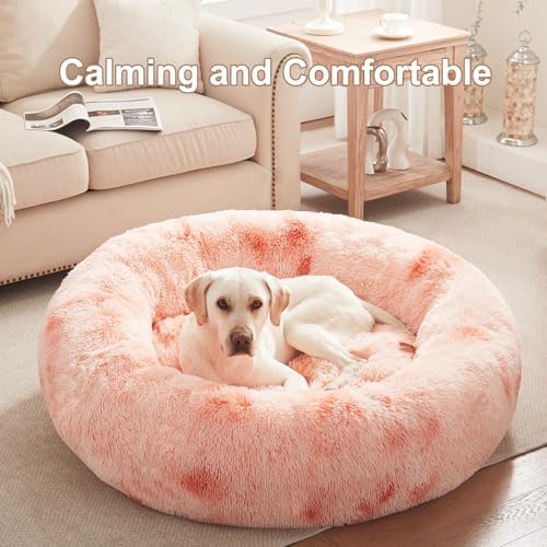 45 in Faux Fur Donut Dog Bed for Extra Large Dogs, Tie-dye Pink - Image 2