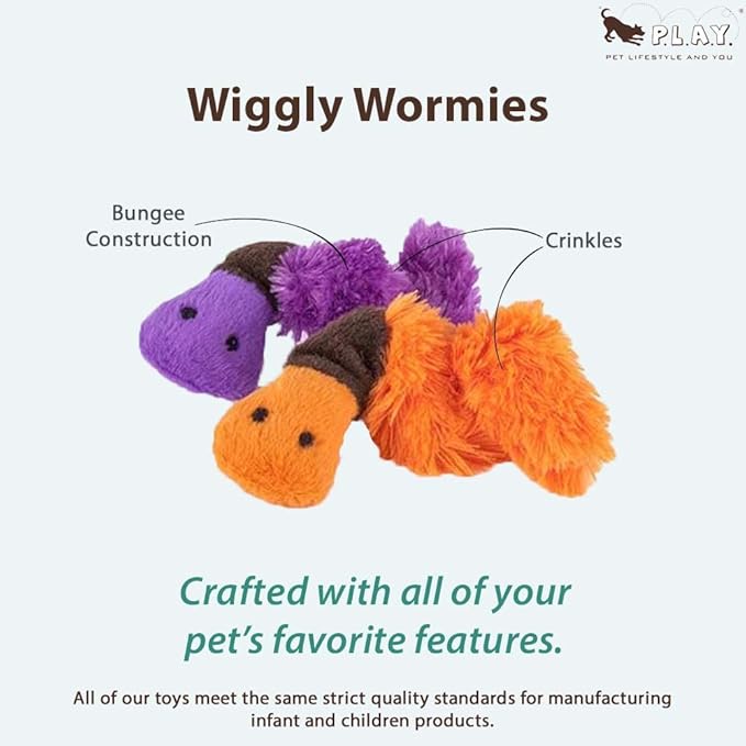 P.L.A.Y. Cute Cat Toys - Feline Frenzy Animal Critter Themed Catnip Filled Toy, Great for Adult Cats and Kittens - Machine Washable, Recycled Materials, Crinkles, Bungees (Wiggly Wormies, Set of 2)