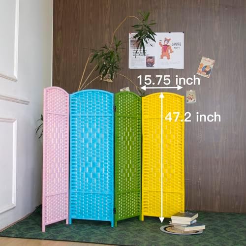 4-Panel Short Room Divider, 3.9 ft Freestanding Partition Wall, Colorful Rattan - Image 5