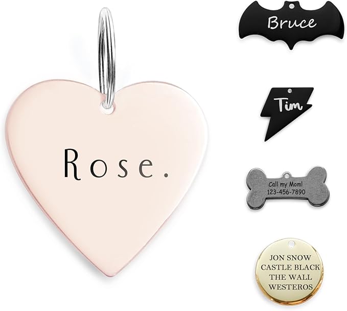 316 Surgical Grade Stainless Steel Personalized Dog & Cat ID Tags - Made with Three Thousand Love for Our Fur-Baby - Original Funny Shapes Heart, Engraved Name or Text for Pet Collar Accessories