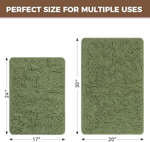Bcoimo Bath Rugs Mat Set, 2 Piece Non Slip Chenille Sage Bathroom Mat Sets - Image 2