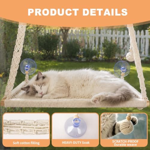Cat Window Perch with Foldable Hook, Handwoven Catio Bed - Image 3