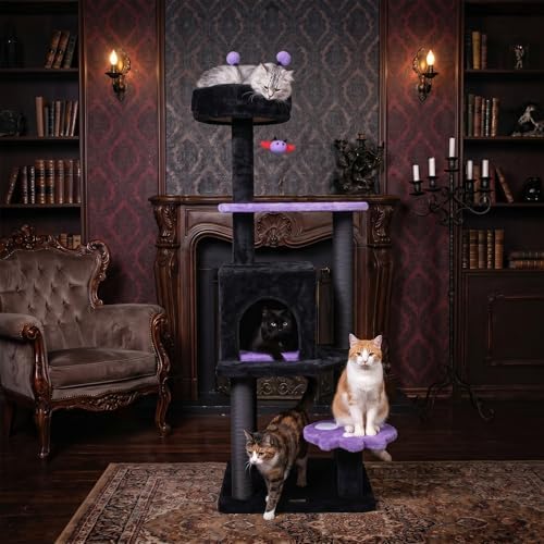 PETSITE 57-inch Gothic Cat Tree, Bat-Shaped Dangling Ball, Comfy Condo - Image 2
