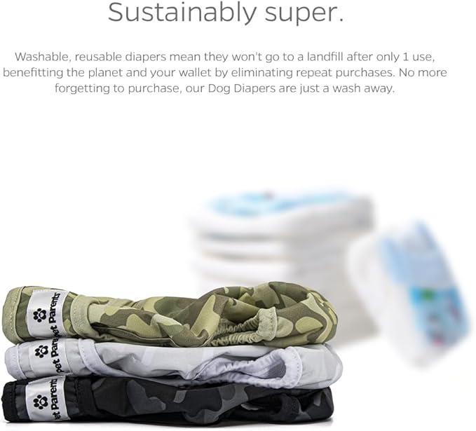 Pet Parents® Washable Dog Diapers (3pack) + Extendrs® of Durable Doggie Diapers, Premium Dog Diapers Female & Male (Medium, Camo)