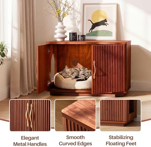 Amunrbrek Cat Litter Box Enclosure, 31.5" Fluted Walnut Hidden Cabinet - Image 5