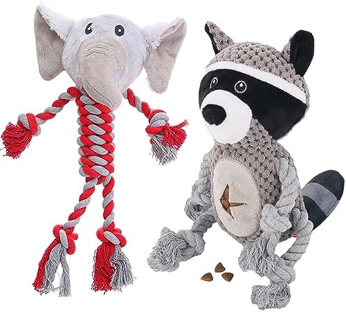 Elephant Rope Dog Toy, Plush Raccoon Squeaky Dog Toy, 2 Pack by HUGEME