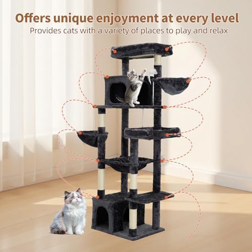 Upgraded 69.7 Inch Multi Level Cat Tree Perches Condos Hammocks Basket Toy Grey - Image 5