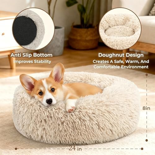 Calming Donut Dog Bed for Small Dogs, Anti-Anxiety Round Washable Plush Fluffy - Image 3