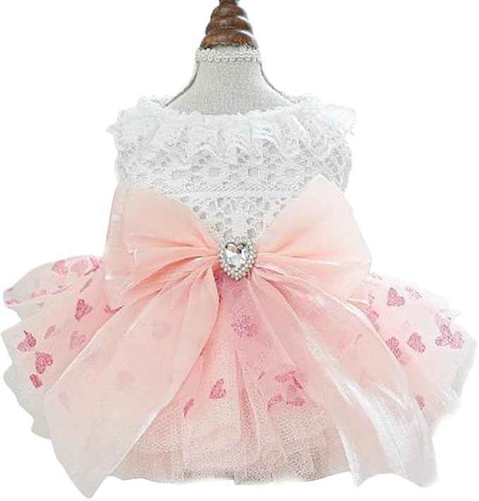 Dog Princess Dress with Heart Patterns & Bow Puppy Clothes for Small Dogs Girl Fancy Cat Birthday Outfit Pet Wedding Dresses (Pink White, Small)